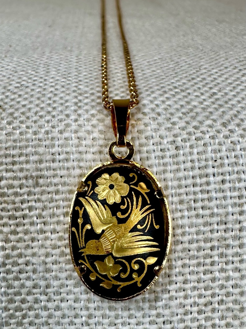 Vtg Anframa Toledo Spain 24K Gold Damascene Bird & Flower Necklace wLabeled Card